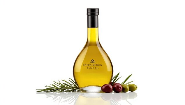 Premium cold-pressed olive oil in a bottle on a white background, featuring a golden tint and shiny finish.