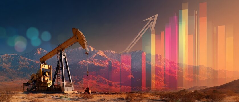 Petroleum harvest: extraction in harmony with the desert's silent majesty. Sales analytics. Diligence in the desert: an unchanging oil pump jack amid arid majesty. Financial report.
