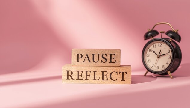 Symbol for Pause and Reflect. Conceptual words on wooden blocks. Attractive pink backdrop with clock. Business theme. Space for text.
