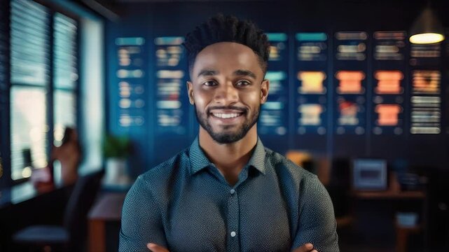 Portrait of a smiling man with arms crossed in an office setting. Background bokeh effect