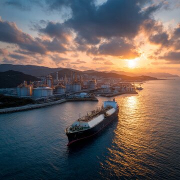 Isolated energy: gas tanker docked on a solitary storage island. Minimal design. Vistas of energy: enhanced lng terminal island with storage. Clear focus. Rule thirds.