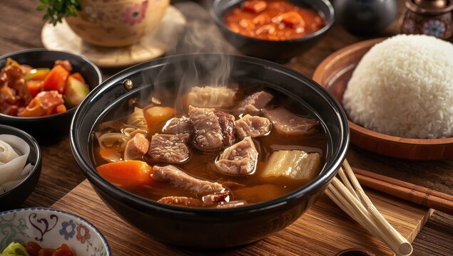 Suyuk Gukbap is a Korean soup featuring bite-sized boiled pork or beef in a rich beef bone broth.