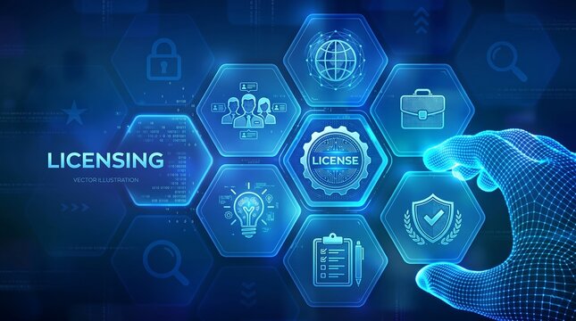 Licensing. License agreement. Copyright protection law license property rights. Business technology concept. Wireframe hand places an element into a composition visualizing Licensing.  ai 