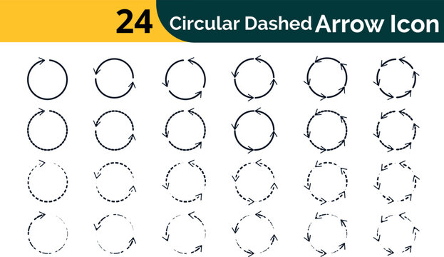 Circular dashed arrow set with various segments for rotation cycle refresh sync reload movement flow and continuous process vector graphic elements isolated on transparent background for design.