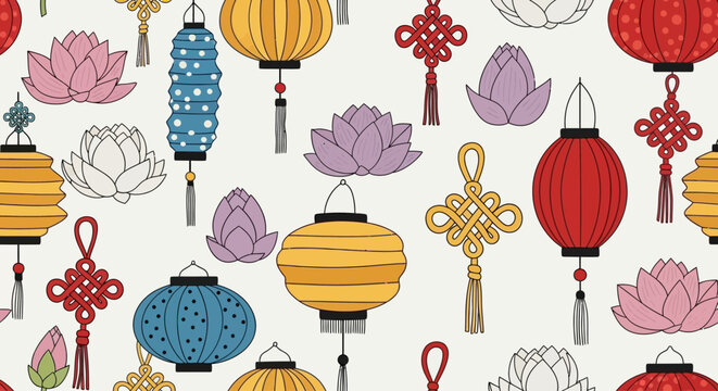 Seamless pattern featuring traditional Chinese lanterns, lotus flowers, and intricate knot designs on a white background, ideal for festive decorations and cultural themes