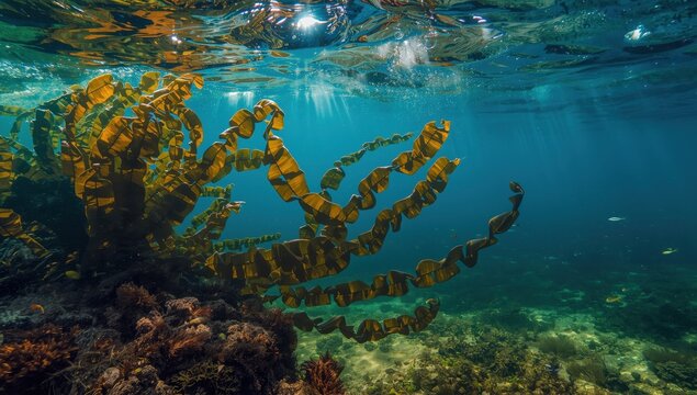 Floating brown kelp in serene coastal waters creates a habitat for marine life, with a close view of the algae in sunlit blue water.