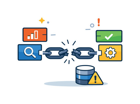Data fragmentation and scattered information systems focused on challenges of disconnected tools and inconsistent data across platforms, separated blocks combined with a