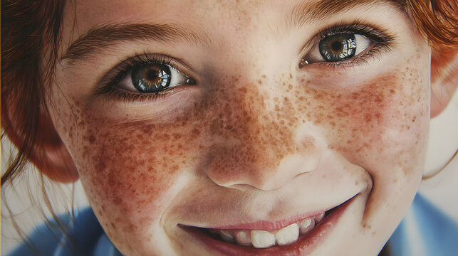 A captivating portrait of a young girl with freckles, her eyes sparkling with joy, a close-up showcasing natural beauty and radiant happiness.
