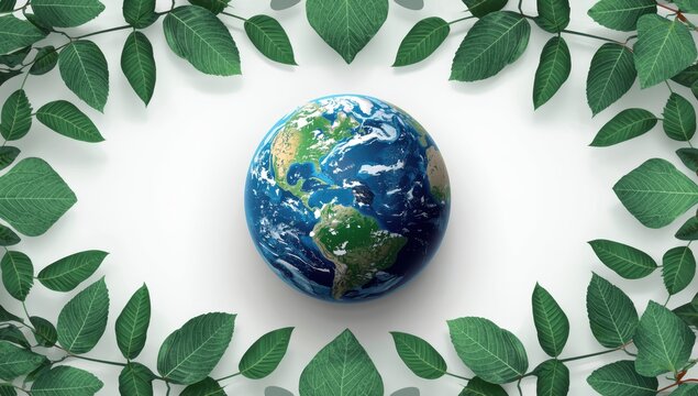Protect our planet. 3D Earth Day concept with a globe and leaves on a white background.