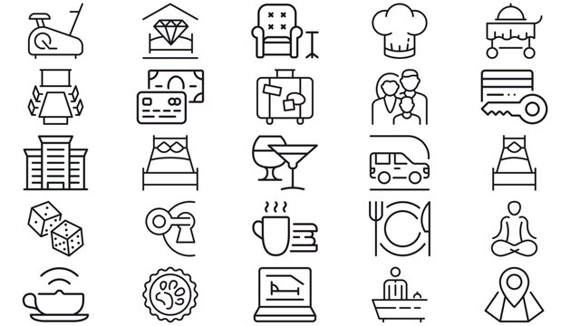 25 Black Vector Icon Set Collection for Business, Travel, Hotel, and Lifestyle. Minimalist Line Art Symbols including Luggage, Payment, Office, Food, Fitness, Furniture, and Security Icons.