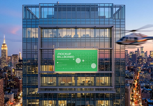 Night City Skyscraper Office Billboard Mockup. Advertising Screen On Modern Building In Downtown District