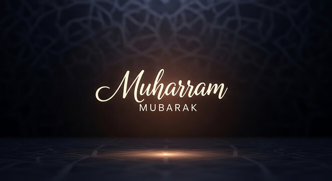 A Muharram Mubarak greeting card with elegant white text on a dark background on transparent background