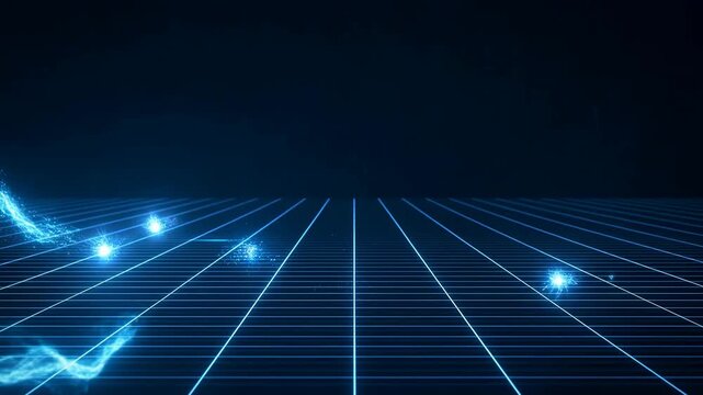Glowing blue digital line graph, moving across perspective grid, dark background, financial data concept