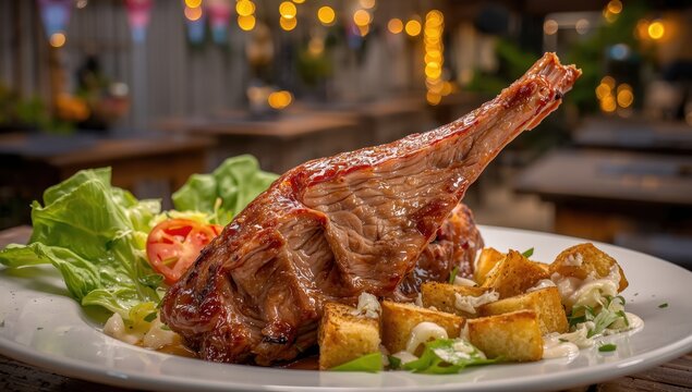 sliced pork knuckle from a young pig served with Caesar salad