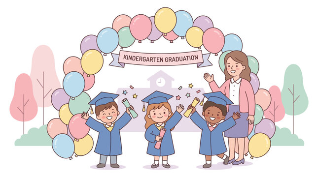 Happy Kindergarten Graduation Celebration with Young Children in Caps and Gowns