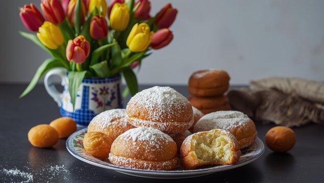 Oliebollen - a classic Dutch treat, also called Dutch doughnuts. Accompanied by a bunch of tulips from the Netherlands.