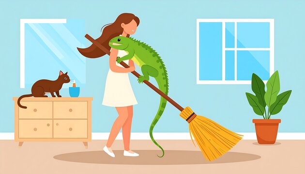 Woman Sweeping with Lizard.