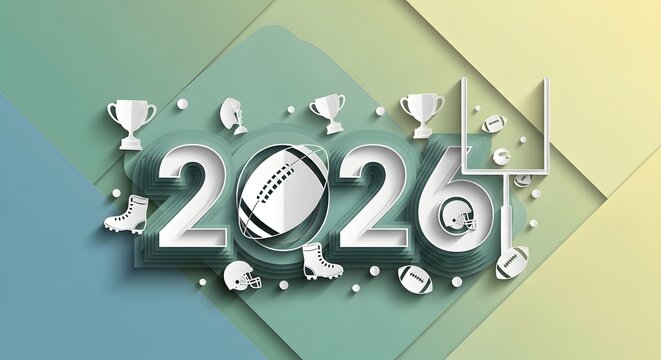 A colorful 3D illustration of the year 2026 with football-themed icons on transparent background