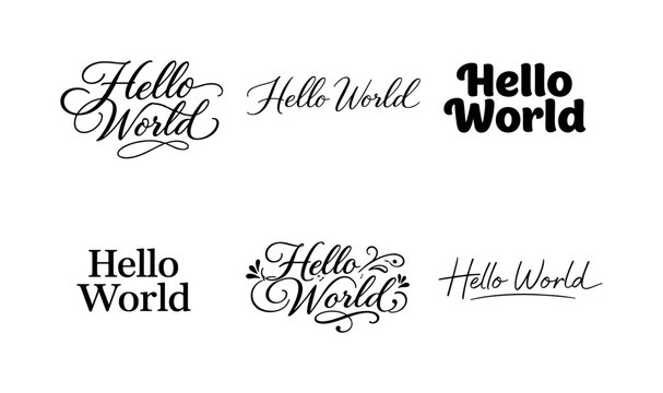 "Hello World" a collection of six different typographic interpretations of the same phrase, arranged in a