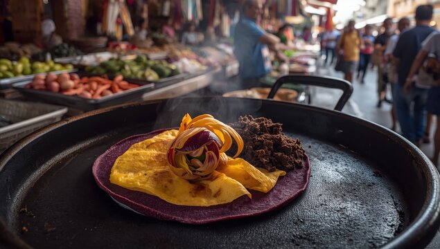 Quesadilla with squash blossom, huitlacoche, and cheese, prepared with purple corn on a comal at Puebla's Cholula market.