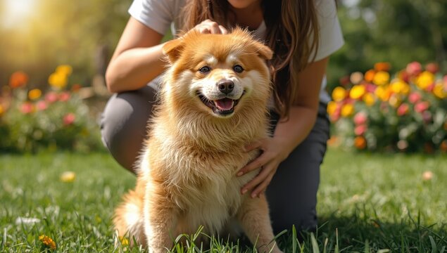 Individual embracing a charming yellow dog exhibiting amusing expressions. Hand gently touching a lovable stray dog with endearing eyes in a summer park. Adoption theme.