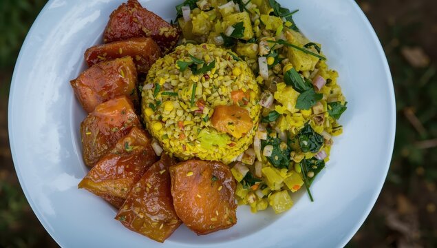 Bird's-eye perspective of Nigerian salad featuring kpomo, fish, and cassava, garnished with onions and ugwu leaf on a white plate.