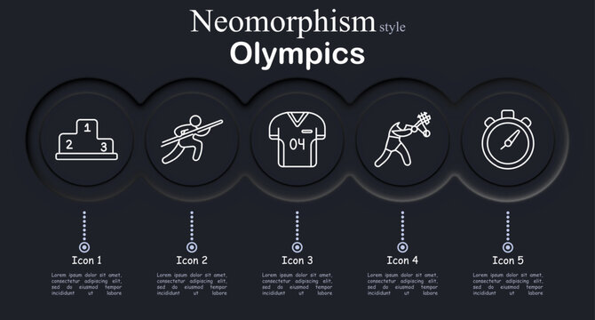 Olympics set icon. Neomorphic dark interface circles with line symbols of winner podium numbers, javelin throw athlete, sport jersey number, badminton player racket