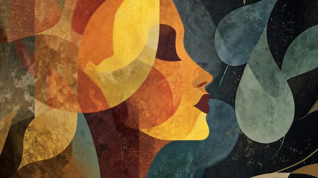 An abstract illustration of a calm woman, overlayered with patterns. Deep in thought