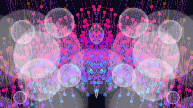 Abstract digital network background with colorful dots glowing bokeh and thin lines creating a modern symmetrical technological design