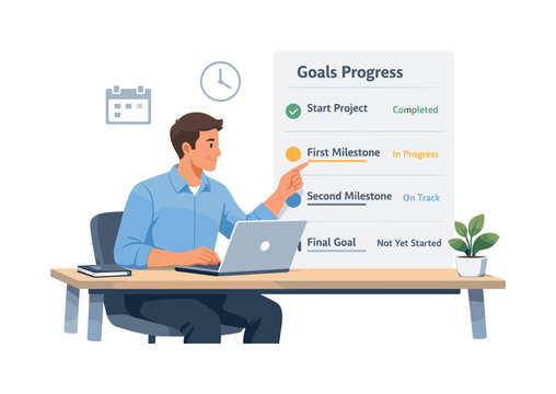 A professional maintaining clear goal tracking in a structured routine, seated with a laptop while interacting with a simple progress panel with milestones and indicators