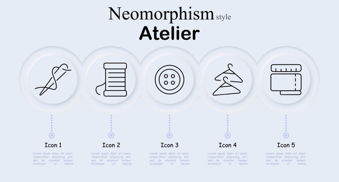 Atelier set icon. Neomorphism style interface with sewing needle, thread spool, button, clothes hanger, measuring tape roll. Soft round buttons, thin outline symbols.