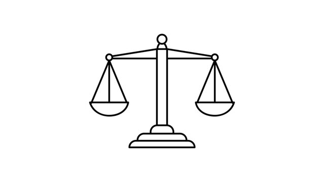 Scales of Justice vector icon, a minimalist black line illustration on a white background representing balance, law, legal system, court, and equality. Scalable SVG graphic for professional use.