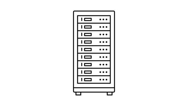 Minimalist black line vector icon of a server rack on a white background, representing a tall rectangular data center cabinet with multiple storage units for network hosting and IT infrastructure.