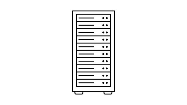 Minimalist black line vector icon illustration of a tall rectangular server rack for data storage, cloud computing, and IT infrastructure, isolated on a white background for clean web design.