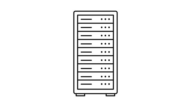 Minimalist server rack vector icon illustration featuring a clean black line outline design of a tall rectangular data center cabinet with multiple storage units on a white background.