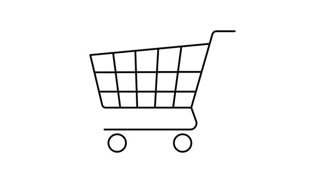 Minimalist black line vector icon illustration of a wireframe shopping cart on a white background, perfect for e-commerce, retail, online shopping, and commercial business web design projects.