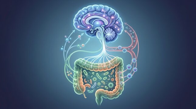 Brain-Gut Axis: A vibrant illustration showcases the intricate connection between the brain and gut, highlighting the importance of the enteric nervous system and gut microbiota.