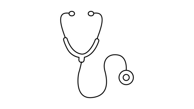 Professional minimalist black line vector icon of a stethoscope isolated on a white background. This clean medical illustration represents healthcare, diagnostic tools, and doctor equipment for apps.