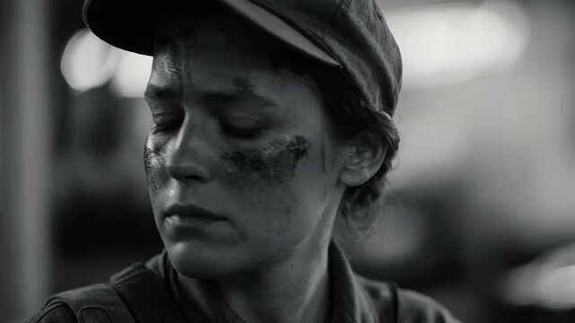 Close-up of a female factory worker with a dirty face. Exhausted woman crying in black and white. First and Second World War concept