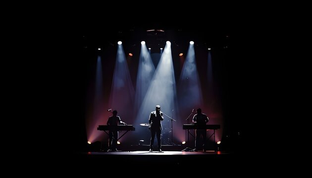 A band performs on a dimly lit stage with spotlights shining down on them.