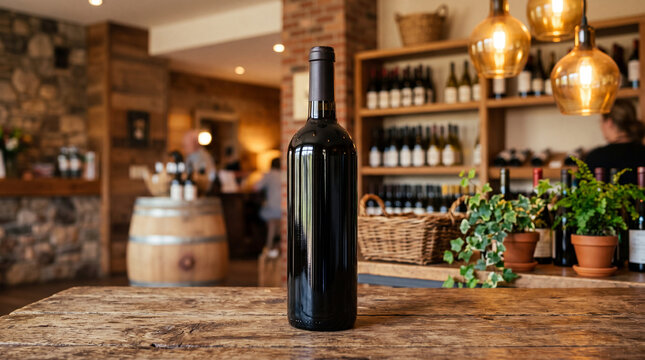 Unlabeled dark wine bottle standing on a rustic wooden table in a cozy wine shop or tasting room with warm lighting and blurred background.