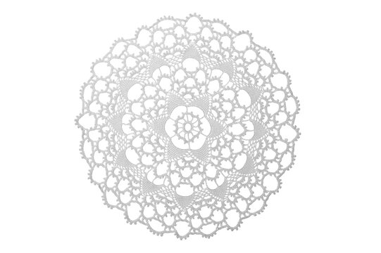 White crochet doily, vintage handmade lace napkin isolated on transparent background.
