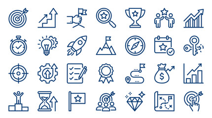 Fototapeta premium Business goals achievement and success strategy icons set representing growth targets planning strategy and winning elements