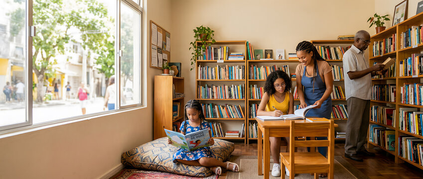 Multi-generational diverse community reading and studying together in a bright, modern neighborhood library with large windows.