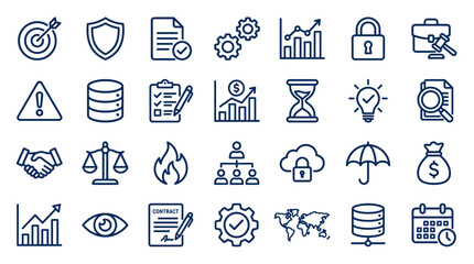 Collection of business and finance icons representing strategy success security data management and growth concepts on a clean background © Iconique Studio