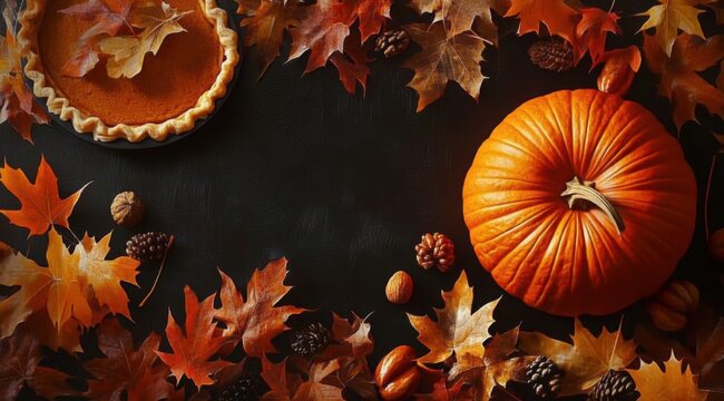 banner- greeting- invitation- card for Thanksgiving Day and Autumn decoration concept...autumn leaves and pumpkin and pumpkin pie on dark background. realistic still life. autumn- nature photography.