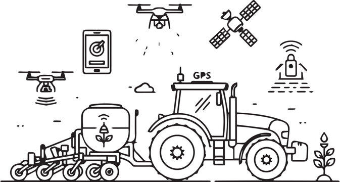Vector illustration of a tractor with a seeder and drone flying overhead, surrounded by satellite, smartphone and sensor icons for precision farming