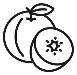 Minimalist black line art vector icon of a whole peach with a leaf and a sliced half peach showing the pit, isolated on a white background for web and graphic design projects. © Rahat