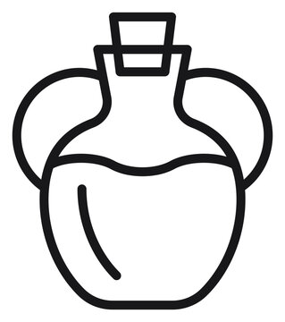Black vector icon of a small glass oil or vinegar bottle with two handles and a cork stopper. Minimalist line art illustration of a kitchen cruet, amphora, or potion bottle for graphic design.