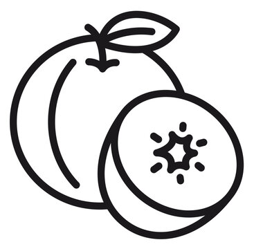 Minimalist black line art vector icon of a whole peach with a leaf and a sliced half peach showing the pit, isolated on a white background for web and graphic design projects.